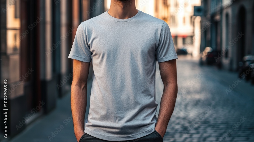 Man in a Grey T-shirt standing on an empty street Man in a Grey T-shirt standing on an empty street