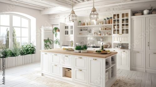 Bright Modern Kitchen with Wooden Island and Greenery