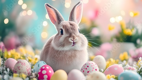 Wallpaper Mural Festive Easter bunny scene with bright colorful pastel eggs and a joyful fluffy bunny bringing holiday cheer and springtime charm to a lush floral garden setting Torontodigital.ca