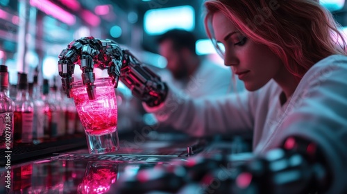 A futuristic scene with a robotic hand holding a vibrant pink cocktail, highlighting the blend of technology and modern nightlife atmosphere, accented by neon lights. photo