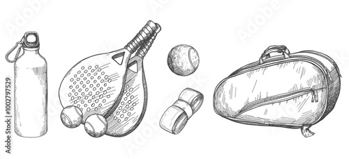 Vector seamless pattern with pickleball equipment. Pattern with balls and rackets, sports bag and bottle in sketch style.