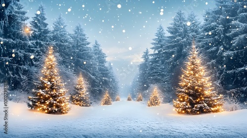 Fototapeta Naklejka Na Ścianę i Meble -  Enchanting snow covered forest scene with twinkling Christmas trees and a magical winter wonderland backdrop perfect for holiday and seasonal greetings