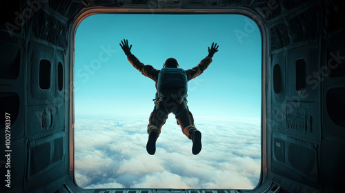 Astronaut floating in space, looking into the vast blue sky, clouds below. photo