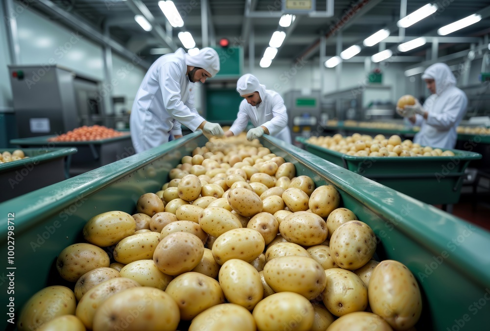 Food processing facility. Workers in protective gear sorting potatoes on conveyor belt in modern food processing plant.