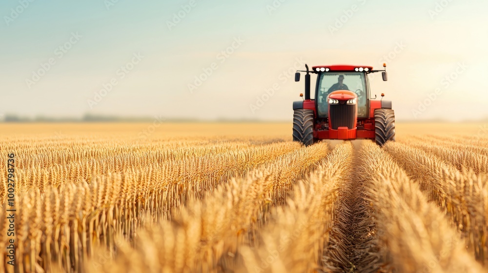 Fototapeta premium Red Tractor Working in a Golden Wheat Field
