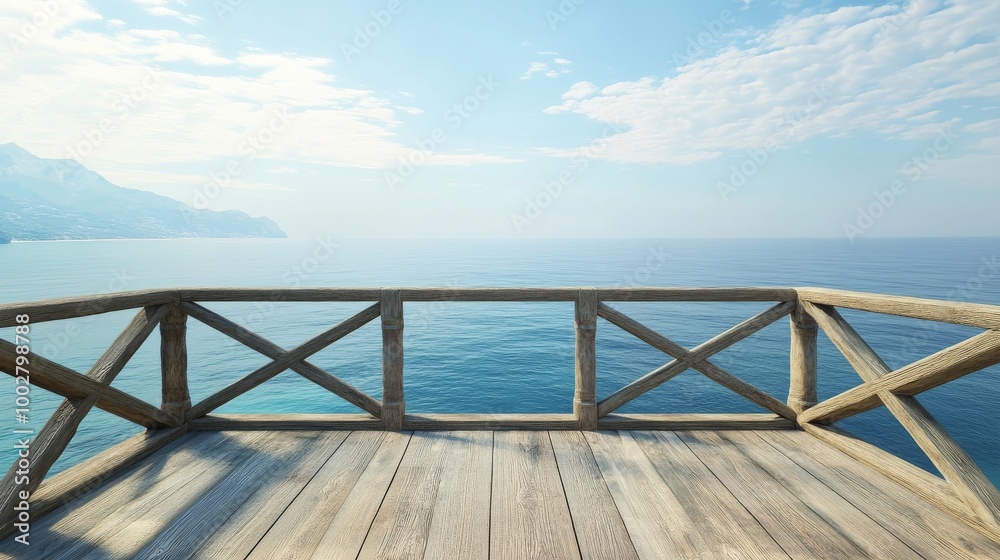 Perspective from a wooden viewing deck with no railings, looking out over a boundless ocean Perspective from a wooden viewing deck with no railings, looking out over a boundless ocean