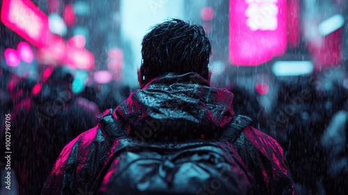 A solitary figure with wet hair and a backpack stands in an urban area drenched in rain, surrounded by neon lights, creating a scene of introspective solitude. photo