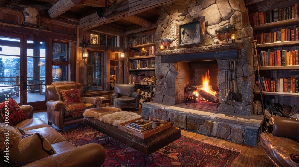 Cozy Cabin Living Room with Warm Fireplace