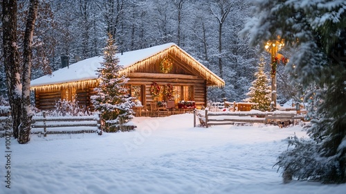 Cozy and rustic log cabin nestled in a snowy forest landscape with twinkling holiday lights festive Christmas a warm inviting atmosphere perfect for family gatherings during the winter season photo