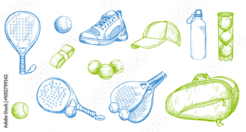 Vector seamless pattern with pickleball equipment. Pattern with balls and rackets, sports bottle and bag, sneakers in sketch style.