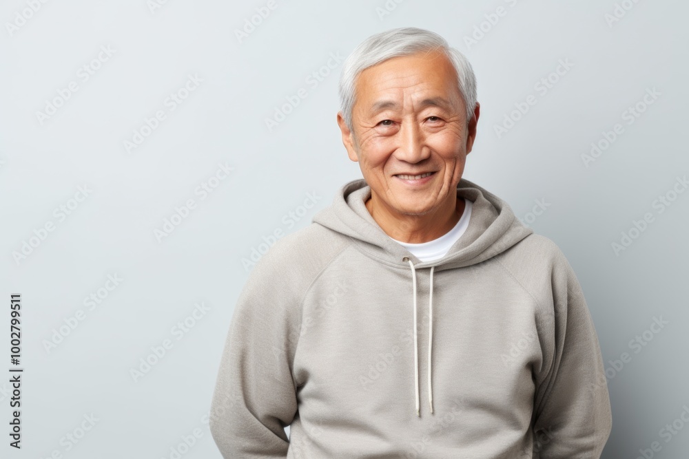 Portrait of a smiling asian elderly man in his 90s sporting a comfortable hoodie while standing against light wood minimalistic setup Portrait of a smiling asian elderly man in his 90s sporting a comfortable hoodie while standing against light wood minimalistic setup