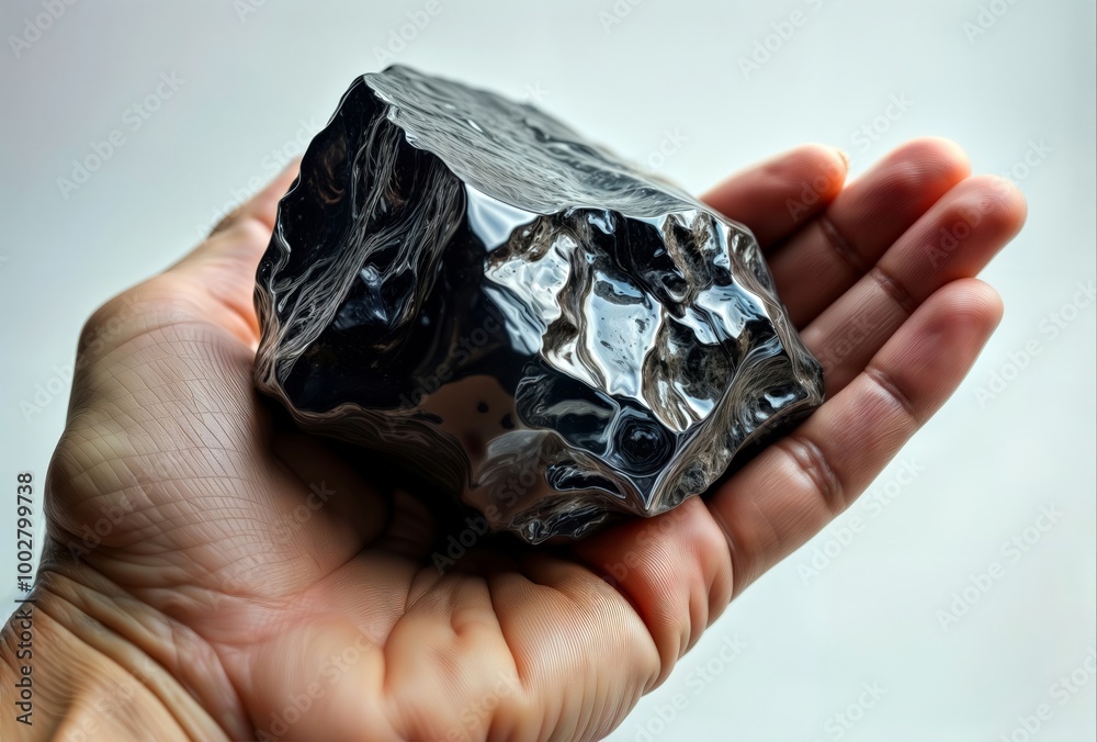 Shiny Raw Obsidian Stone. A polished, glossy black obsidian rock is held in an open palm, showcasing its smooth texture and natural reflective surface.