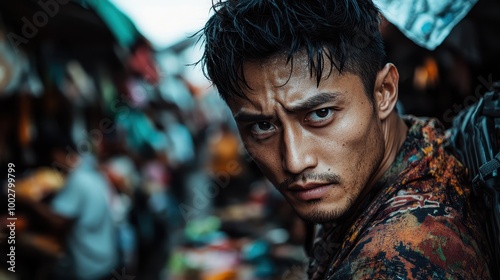 A man with a piercing stare, wearing casual clothing, is portrayed on a busy, bustling street, capturing the essence of determination and intensity in a vibrant scene.