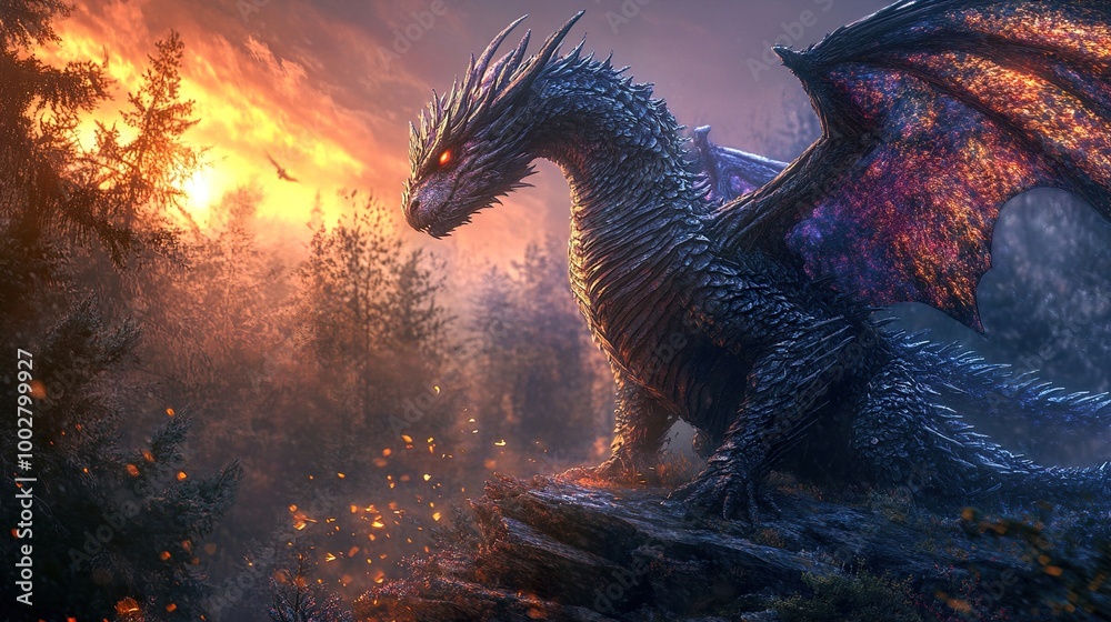 Fiery Dragon in a Forest Sunset: A Fantasy Illustration Fiery Dragon in a Forest Sunset: A Fantasy Illustration