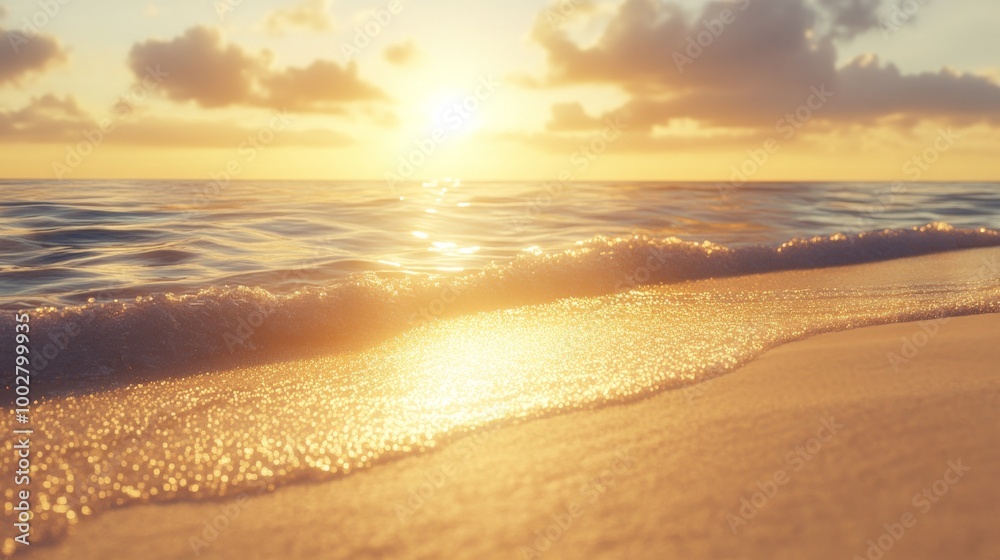 Sunset over a pristine beach, golden light shimmering on the water and sand Sunset over a pristine beach, golden light shimmering on the water and sand