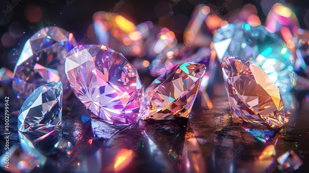 A stunning arrangement of colorful diamonds reflecting light, perfect for showcasing luxury and elegance in any design. A stunning arrangement of colorful diamonds reflecting light, perfect for showcasing luxury and elegance in any design.