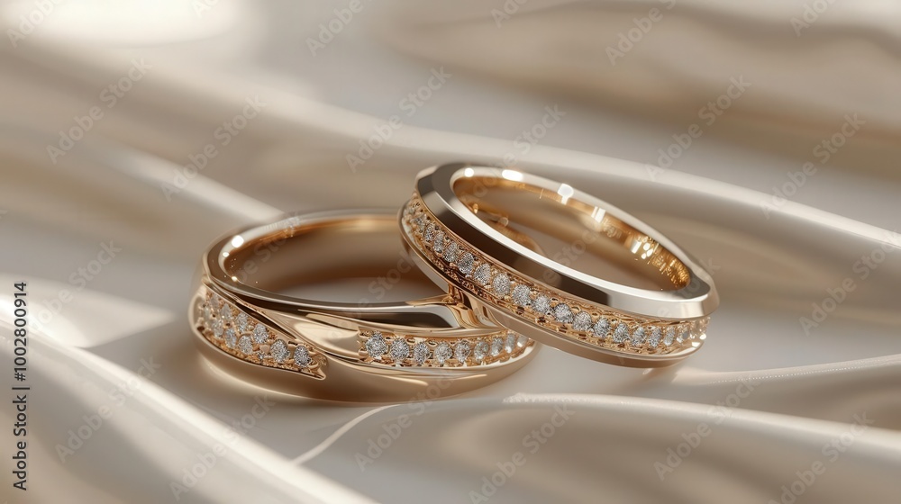 Elegant wedding rings with intricate designs and sparkling diamonds, set against a luxurious fabric background. Elegant wedding rings with intricate designs and sparkling diamonds, set against a luxurious fabric background.