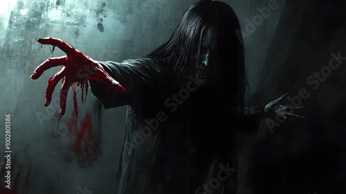 Wallpaper Mural 11. A ghostly figure with long, dark hair and pale skin reaching out with blood-stained hands Torontodigital.ca