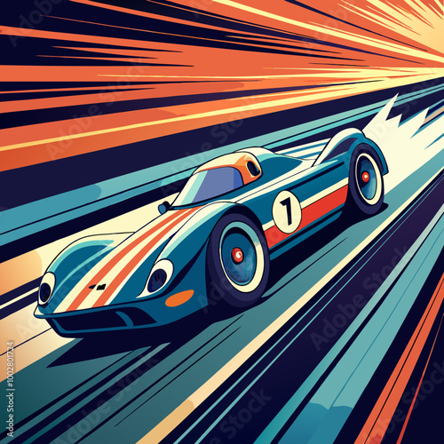 A dynamic illustration of a vintage race car speeding across a track, capturing the thrill and excitement of motorsports. The vibrant colors and stylized design create a sense of speed and energy.