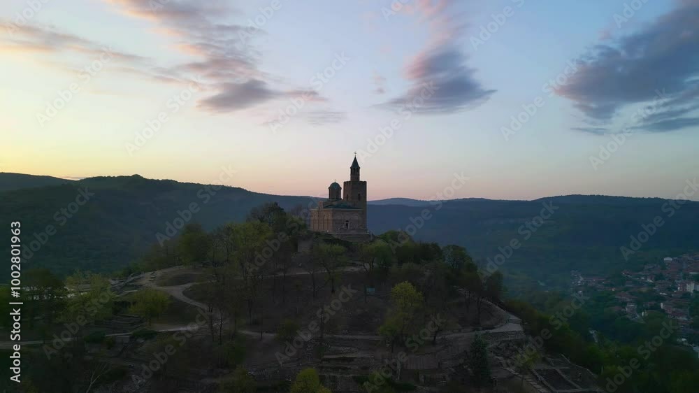  Drone top view on Patriarchal Cathedral of the Holy Ascension of God in Medieval Stronghold Tsarevets,Veliko Tarnovo. Bulgaria
