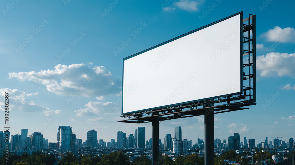 Blank white billboard mockup overlooking a cityscape from a high vantage point Blank white billboard mockup overlooking a cityscape from a high vantage point