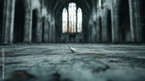 A solitary white dove stands amidst the vast, echoing emptiness of an abandoned cathedral, with soft light seeping through tall, ornate windows high above. photo