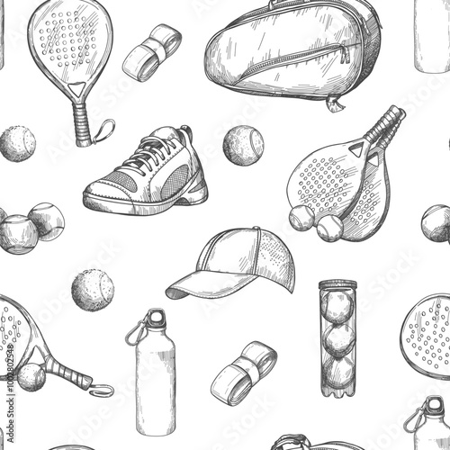 Vector seamless pattern with pickleball equipment. Pattern with balls and rackets, sports bag and bottle in sketch style.