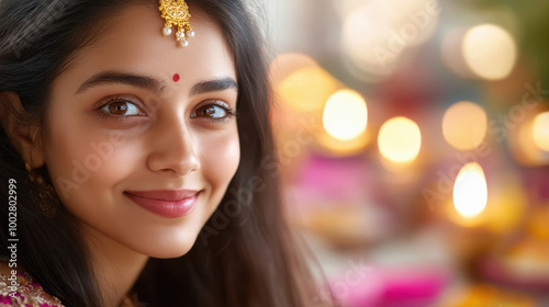 young indian woman holding oil lamp on diwali festival