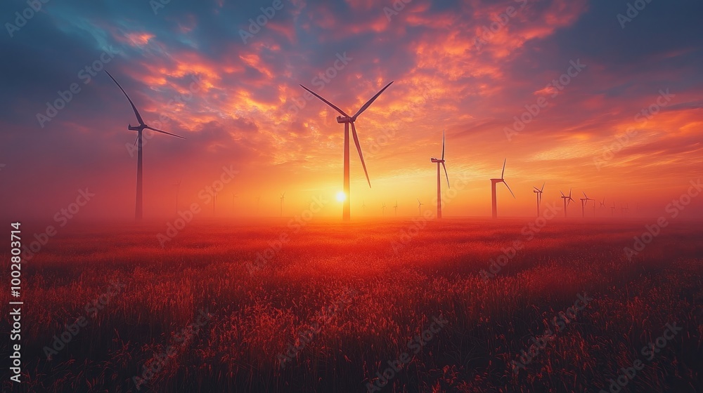 Obraz premium Wide Shot of Wind Turbines at Sunrise for Renewable Energy Visualization