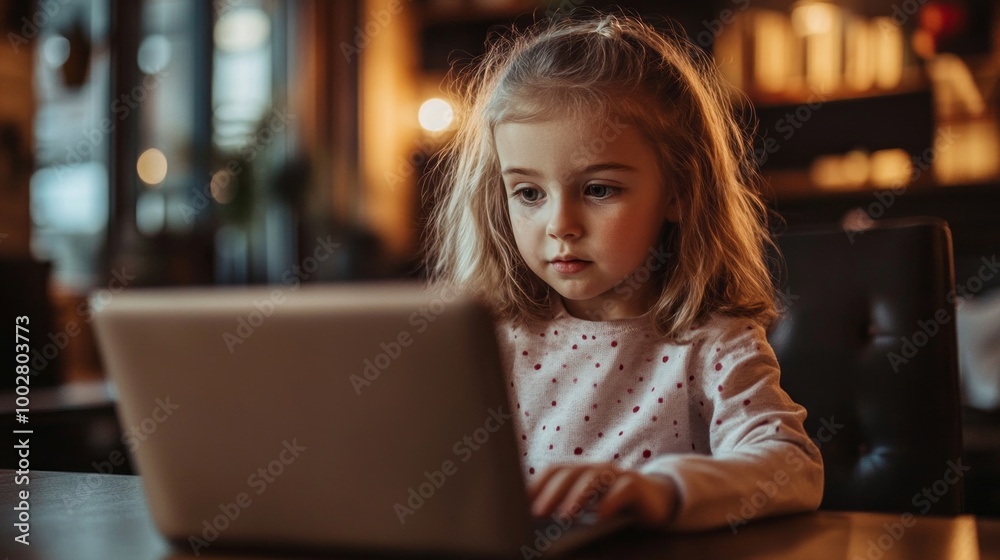 A young girl is sitting at a table with a laptop in front of her A young girl is sitting at a table with a laptop in front of her