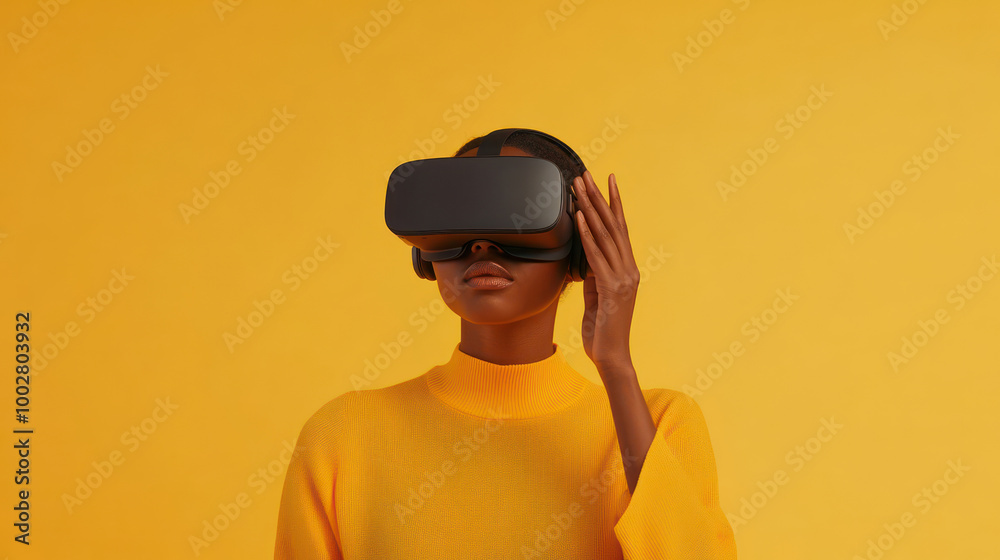 Person using virtual reality headset on a vibrant yellow background. Person using virtual reality headset on a vibrant yellow background.