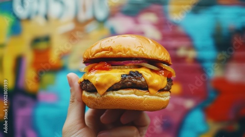 Hand holding a cheeseburger with cheese oozing out, ag ainst a vibrant urban backdrop. photo