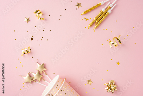 Canvas Print Elegant birthday celebration scene with golden decorations like stars, ribbons,