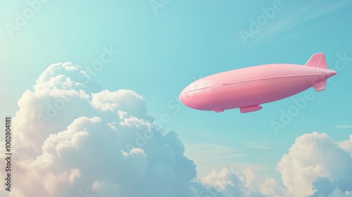 Pink airship floating among clouds, dreamy sky