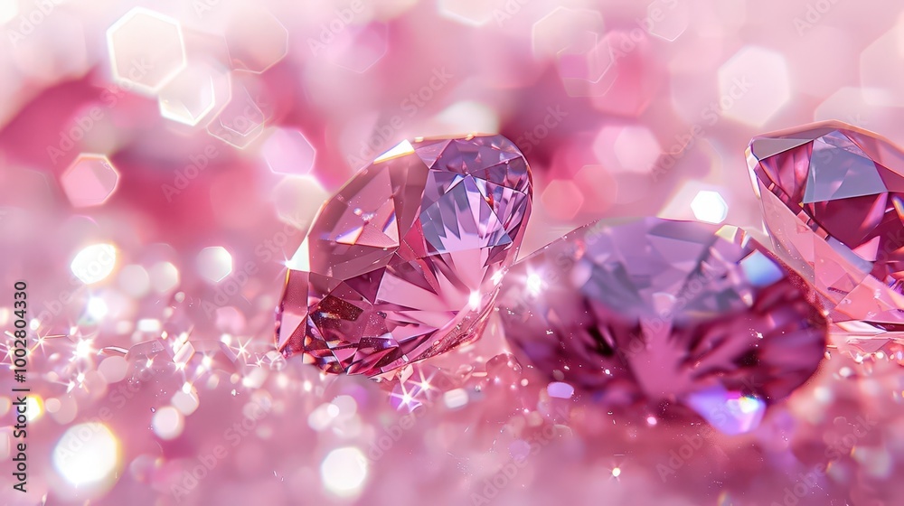 A sparkling collection of pink diamonds resting on a soft pink surface, radiating elegance and beauty with dazzling light reflections. A sparkling collection of pink diamonds resting on a soft pink surface, radiating elegance and beauty with dazzling light reflections.