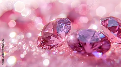 A sparkling collection of pink diamonds resting on a soft pink surface, radiating elegance and beauty with dazzling light reflections.