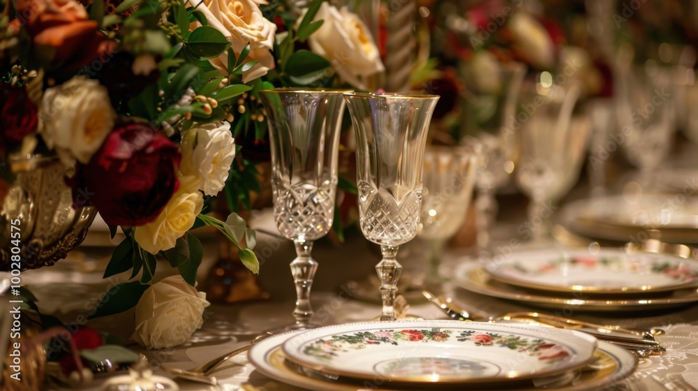 Naklejka premium Elegant Table Setting with Fine China and Crystal Glassware