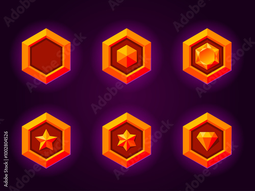 Gold rank badges set for games. Golden rank badges emblems. Metallic style. Diamond, gemstone, star objects. Magis style.