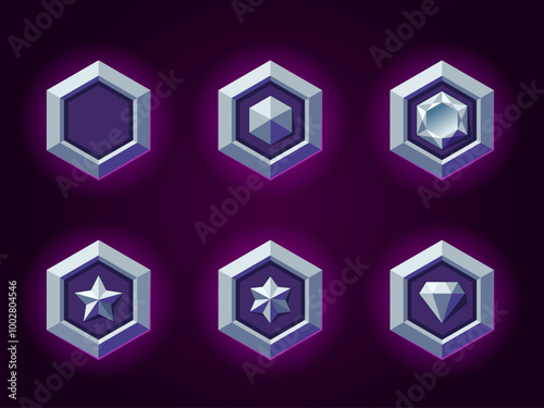 Hexagon silver magic badges set for games. Silver vector rank emblems. Metallic style. Diamond, gemstone, star objects.