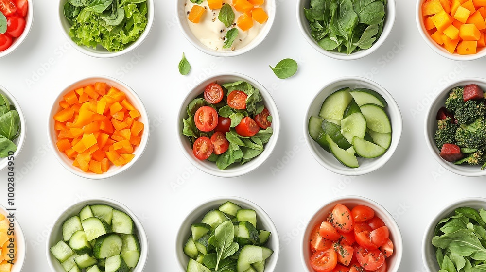 Overhead shot of small white bowls filled with various healthy meals, including vegetables and fruits, on a white background Overhead shot of small white bowls filled with various healthy meals, including vegetables and fruits, on a white background