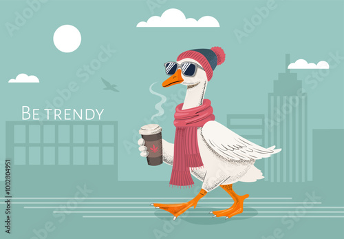 Stylized goose fashionable in the city with a glass of coffee. Cover for a notebook, notepad, image for printing. Wallpaper. Vector graphics.
