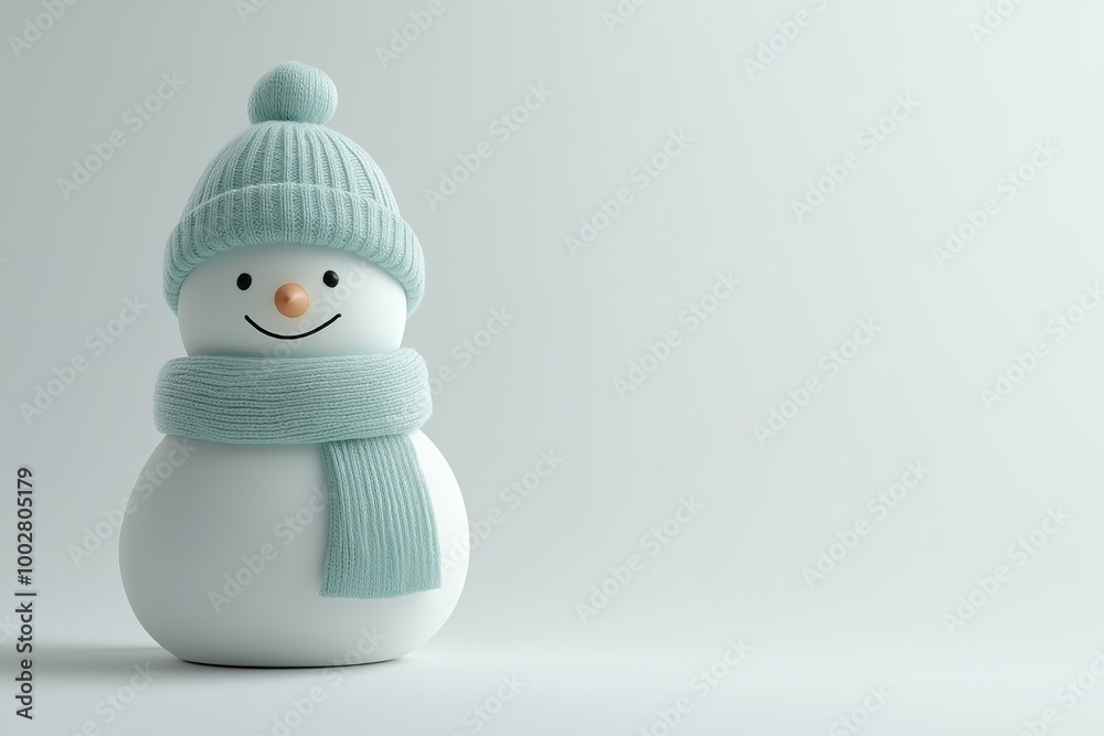 Minimalist snowman made of simple shapes and lines, wearing a mint green hat and scarf, set against a clean white background Minimalist snowman made of simple shapes and lines, wearing a mint green hat and scarf, set against a clean white background
