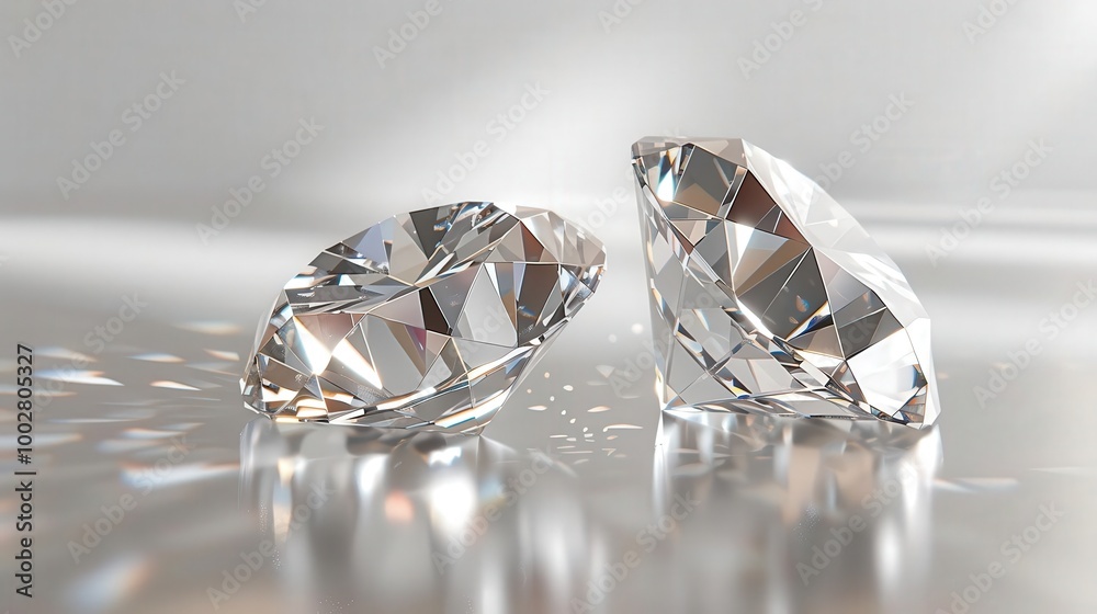 Two sparkling diamonds reflect light beautifully, showcasing elegance and luxury in a stunning macro shot. Two sparkling diamonds reflect light beautifully, showcasing elegance and luxury in a stunning macro shot.