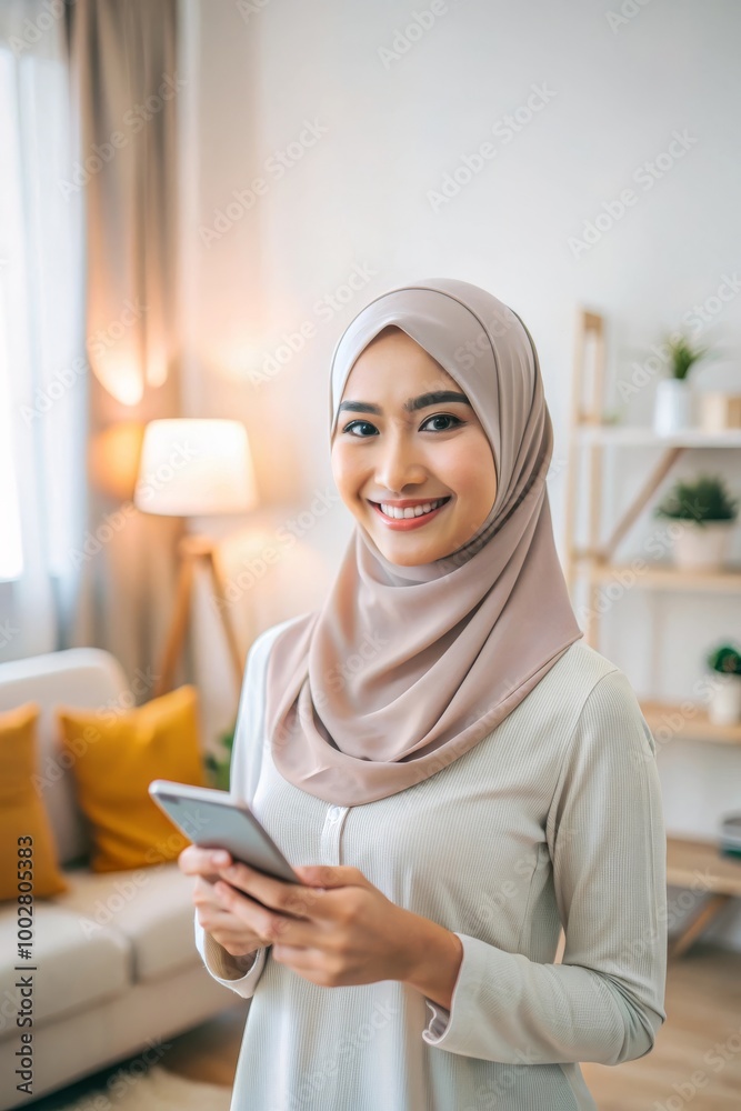 Portrait of a Woman in Hijab Using Smartphone with Happy Expression in a Cozy Setting Portrait of a Woman in Hijab Using Smartphone with Happy Expression in a Cozy Setting
