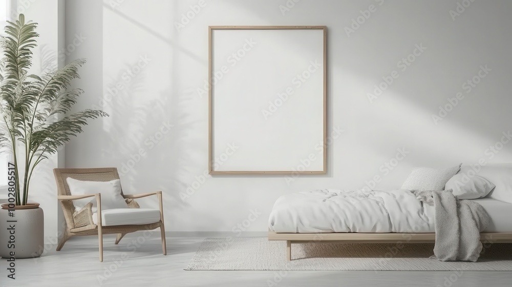 Fototapeta premium Mock up frame in a minimalist bedroom with clean white walls, natural wooden furniture, no decor, 3D render 