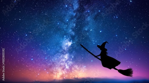 Witch Flying on a Broomstick Across the Night Sky