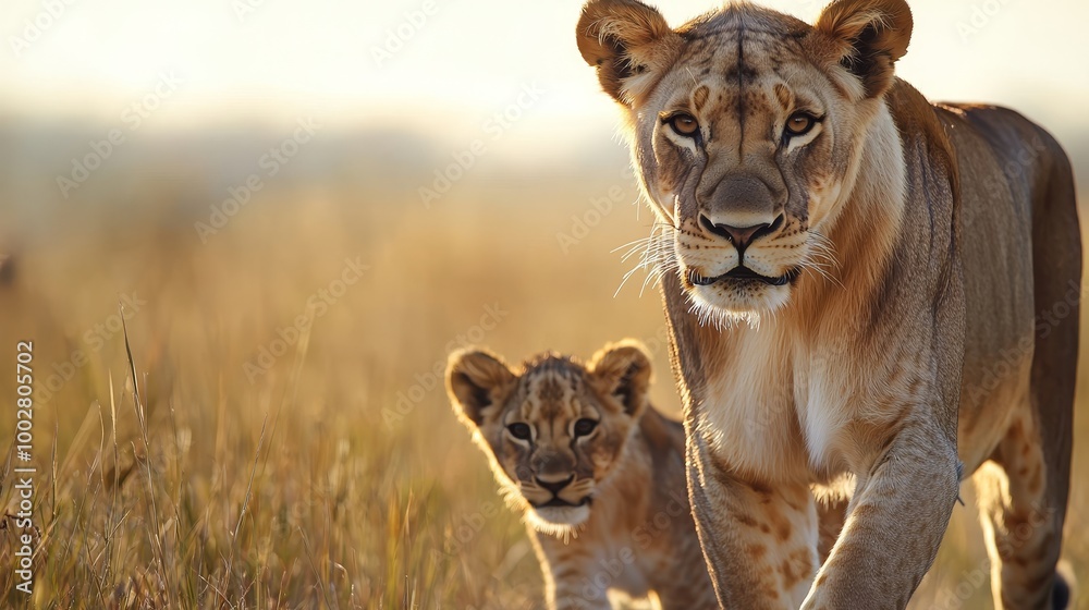 Naklejka premium Lioness walking with cub in savannah, warm sunlight, natural habitat.