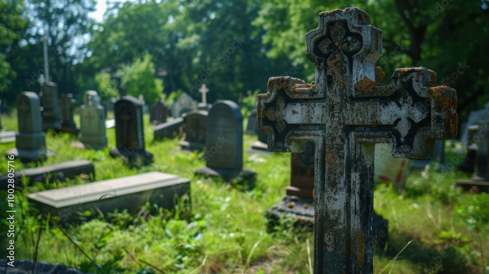 Old Cemetery Cross with Lush Green Surroundings Old Cemetery Cross with Lush Green Surroundings