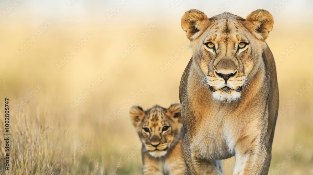 Lioness walking with her cub in a natural habitat. Lioness walking with her cub in a natural habitat.