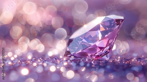 A beautiful pink diamond glistens against a purple background, sparkling with alluring light and elegance.